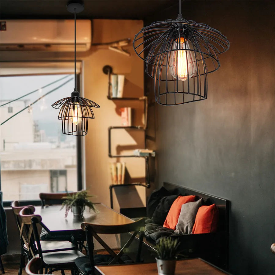 Nordic Pendant Light Industrial Vintage Loft Pendant Lamp Iron Art Cage Black Hanging Lamp for Kitchen Island Living Room Shop