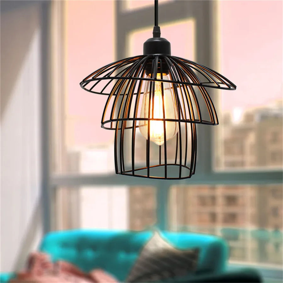 Nordic Pendant Light Industrial Vintage Loft Pendant Lamp Iron Art Cage Black Hanging Lamp for Kitchen Island Living Room Shop