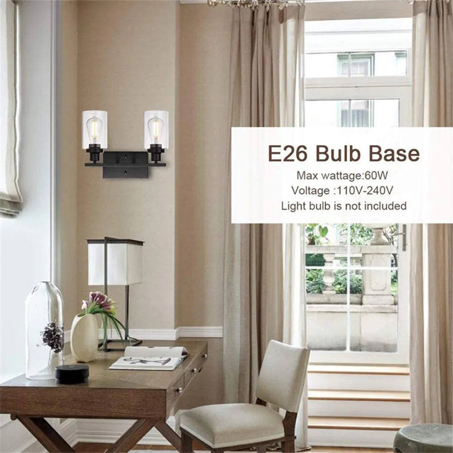 2-Light Bathroom Vanity Light Fixtures Vintage Industrial Metal Glass Sconces Matte Black Wall Lamp for Bathroom Kitchen Porch