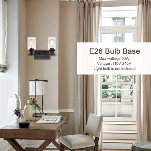 2-Light Bathroom Vanity Light Fixtures Vintage Industrial Metal Glass Sconces Matte Black Wall Lamp for Bathroom Kitchen Porch