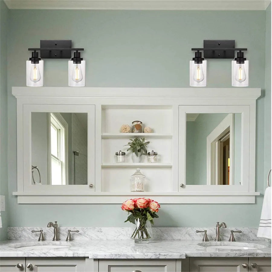 2-Light Bathroom Vanity Light Fixtures Vintage Industrial Metal Glass Sconces Matte Black Wall Lamp for Bathroom Kitchen Porch
