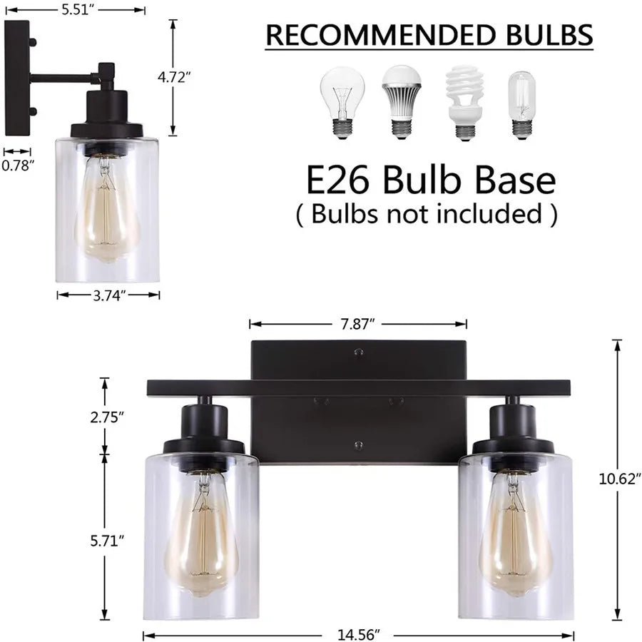 2-Light Bathroom Vanity Light Fixtures Vintage Industrial Metal Glass Sconces Matte Black Wall Lamp for Bathroom Kitchen Porch