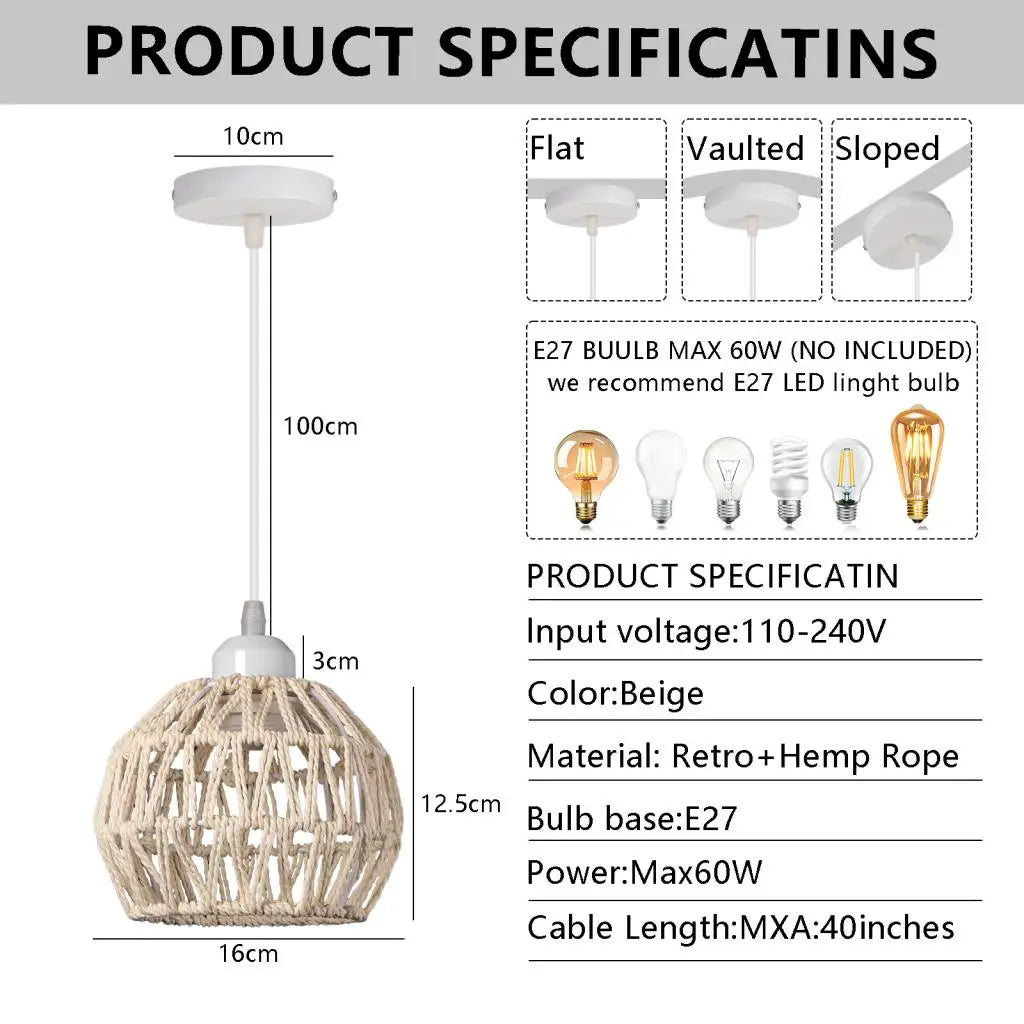 Hemp Rope Woven Pendant Lights Rattan Hanging Lamp Shade Boho Chandelier Light Fixture for Kitchen Island Hallway Bedroom Decor