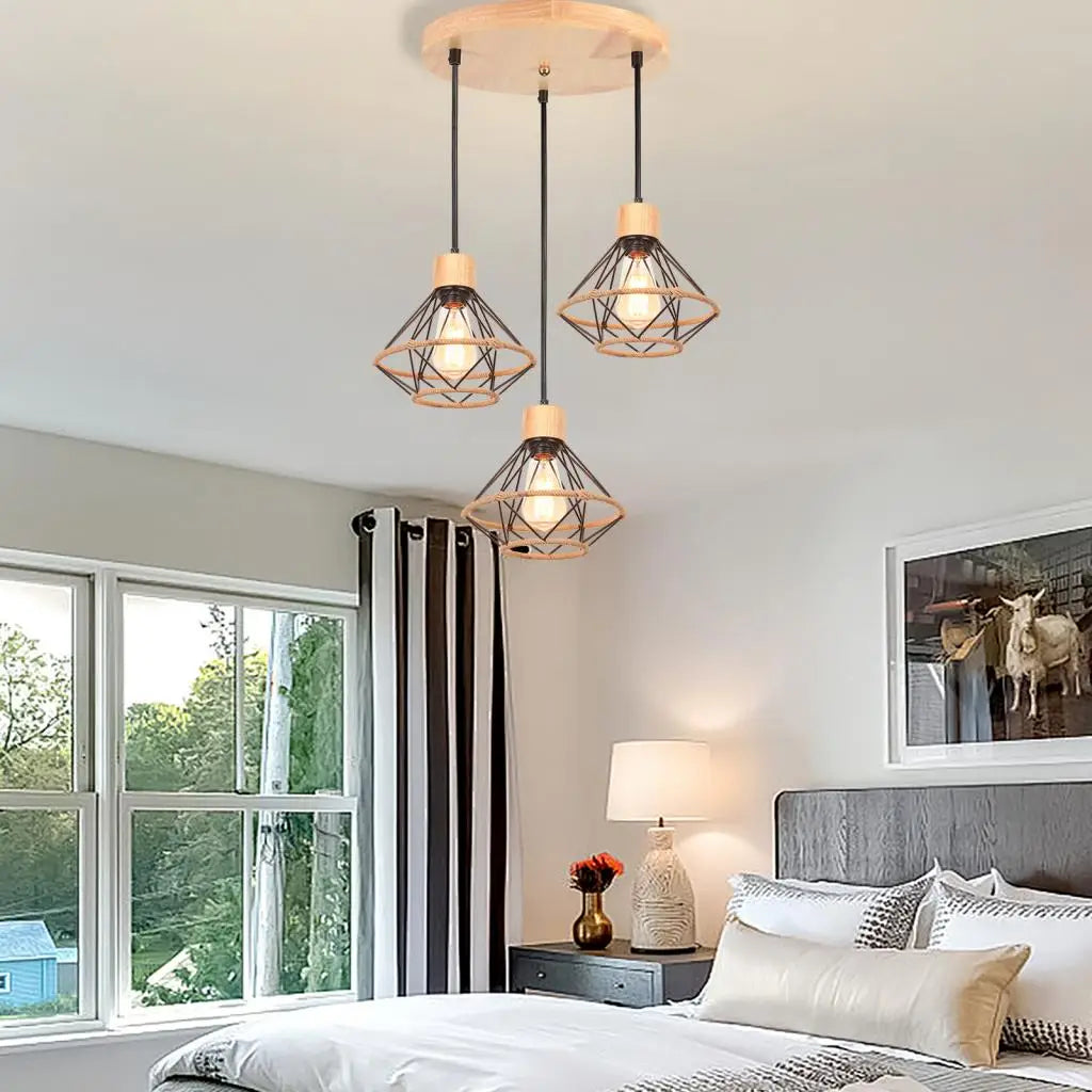 1/3 Heads Vintage Wood Pendant Light Chandelier Fixture Industrial Hanging Ceiling Lamp Living Room Kitchen Bedroom Home Decor