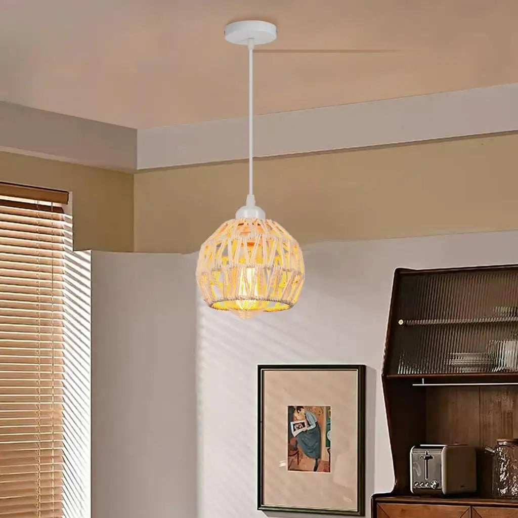 Hemp Rope Woven Pendant Lights Rattan Hanging Lamp Shade Boho Chandelier Light Fixture for Kitchen Island Hallway Bedroom Decor