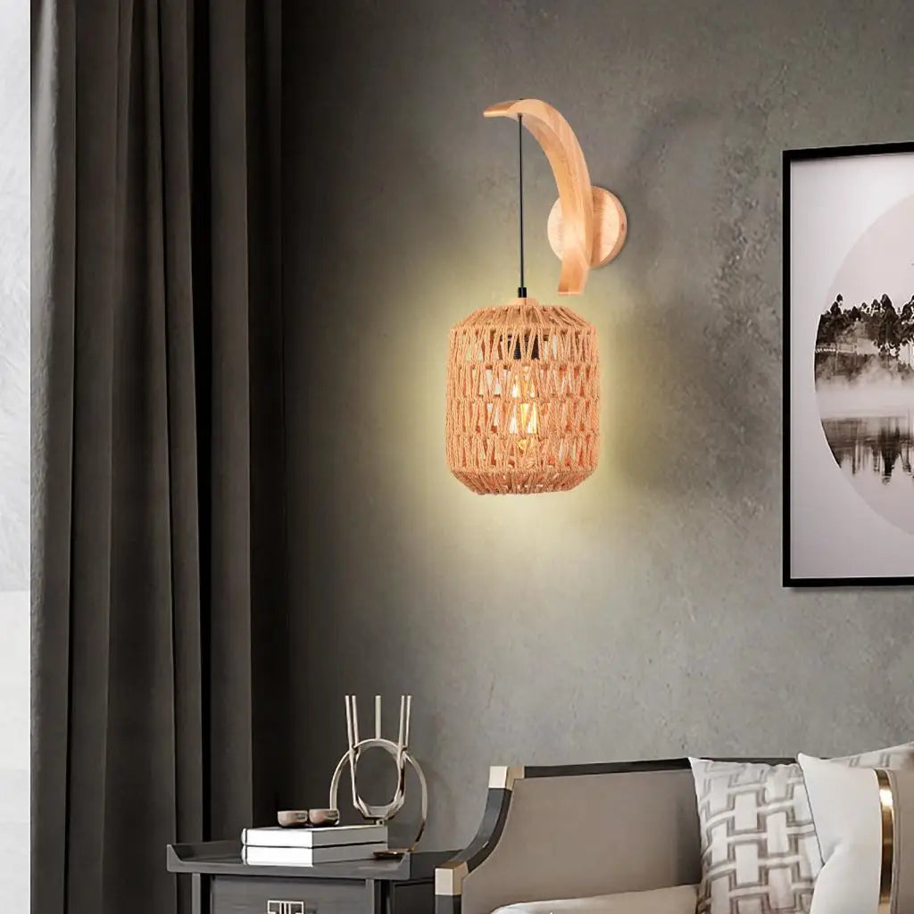 Wood Wall Lamp Vintage Industrial Hemp Rope Wall Light Shade Retro E27 Wall Sconce For Home Loft Indoor Lighting Decor Fixtures