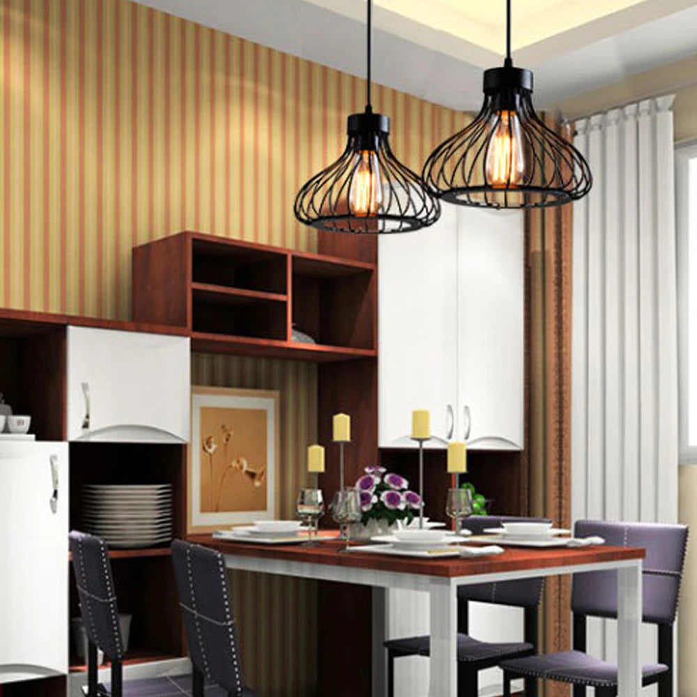 Modern E27 LED Cage Pendant Light Indoor Vintage Retro Chandelier Lighting Fixture Industrial Lamp for Living Room Kitchen Decor