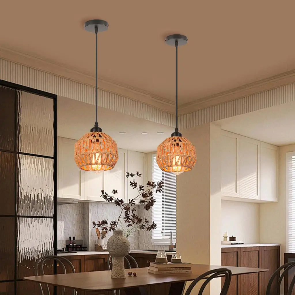 Hemp Rope Woven Pendant Lights Rattan Hanging Lamp Shade Boho Chandelier Light Fixture for Kitchen Island Hallway Bedroom Decor