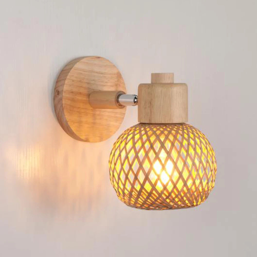 Rattan Bamboo Wall Lamp Sconce Fixture Vintage Boho Rustic Wall Light for Hallway Porch Bedroom Living Room Indoor Lighting E27