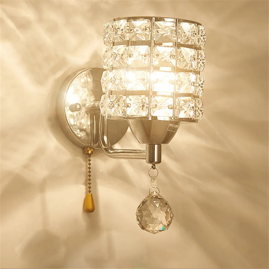 Cylindrical Crystal Wall Lamp LED e27 Corridor Porch Bedroom Living Room Wall Lighting Fixture with Pull Switch 110V 220V