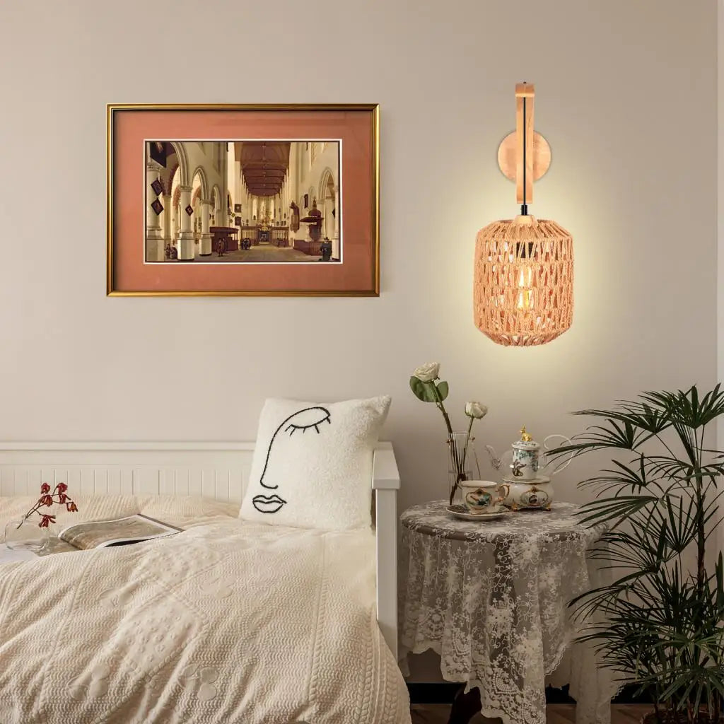 Wood Wall Lamp Vintage Industrial Hemp Rope Wall Light Shade Retro E27 Wall Sconce For Home Loft Indoor Lighting Decor Fixtures