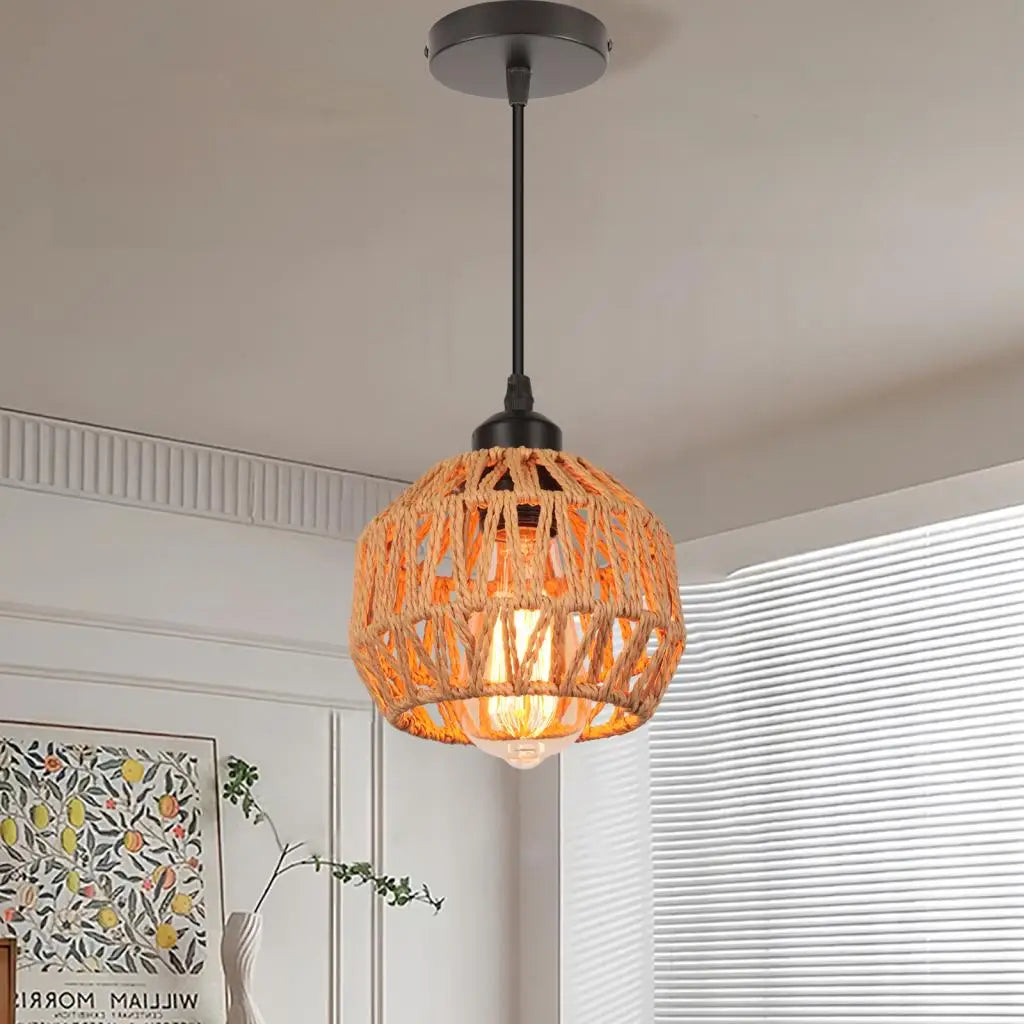Hemp Rope Woven Pendant Lights Rattan Hanging Lamp Shade Boho Chandelier Light Fixture for Kitchen Island Hallway Bedroom Decor