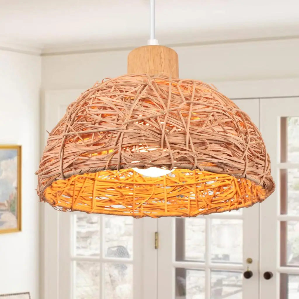 Vintage Wicker Rattan Pendant Light Shade Retro Weaving Hanging Lamp Ceiling Chandelier Lighting Living Room Kitchen Home Decor