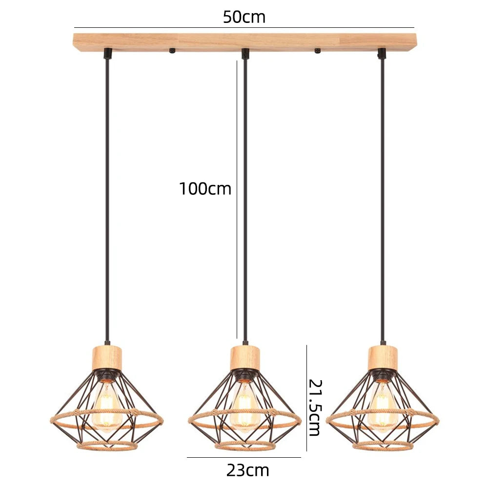 1/3 Heads Vintage Wood Pendant Light Chandelier Fixture Industrial Hanging Ceiling Lamp Living Room Kitchen Bedroom Home Decor