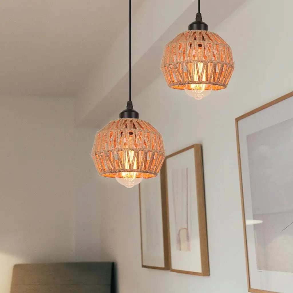 Hemp Rope Woven Pendant Lights Rattan Hanging Lamp Shade Boho Chandelier Light Fixture for Kitchen Island Hallway Bedroom Decor