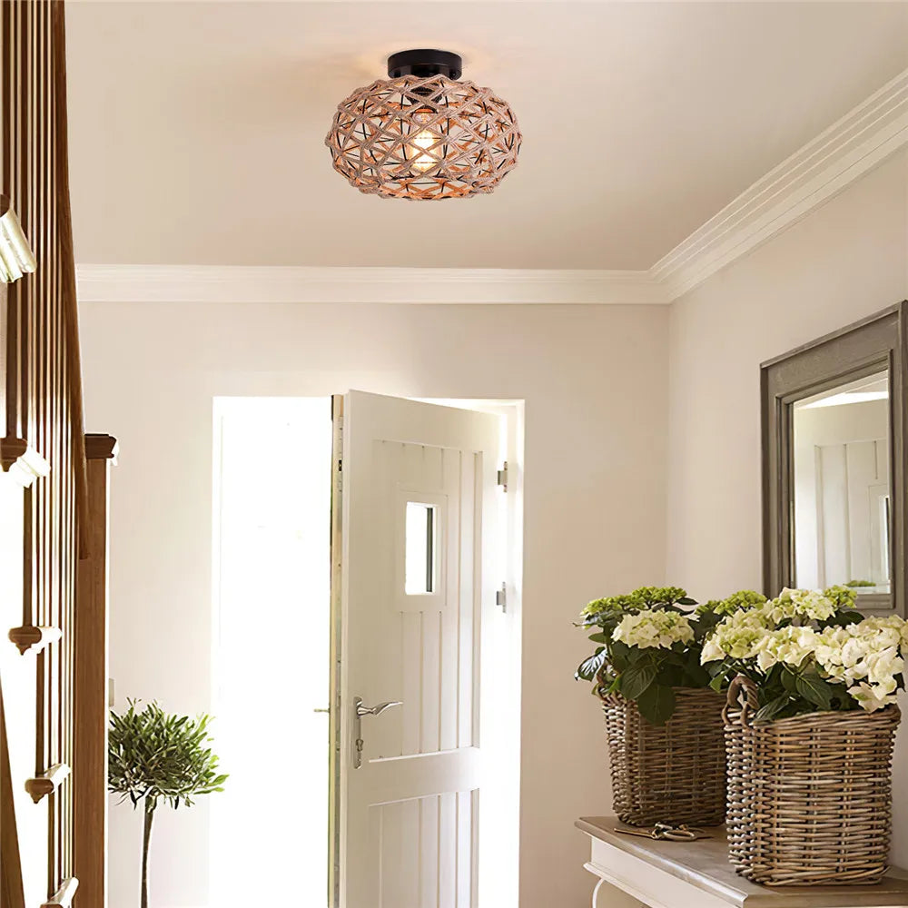 Rustic Woven Ceiling Light Fixture Industrial Hemp Rope Cage Ceiling Lamp for Hallway Bedroom Kitchen Entryway Farmhouse Black
