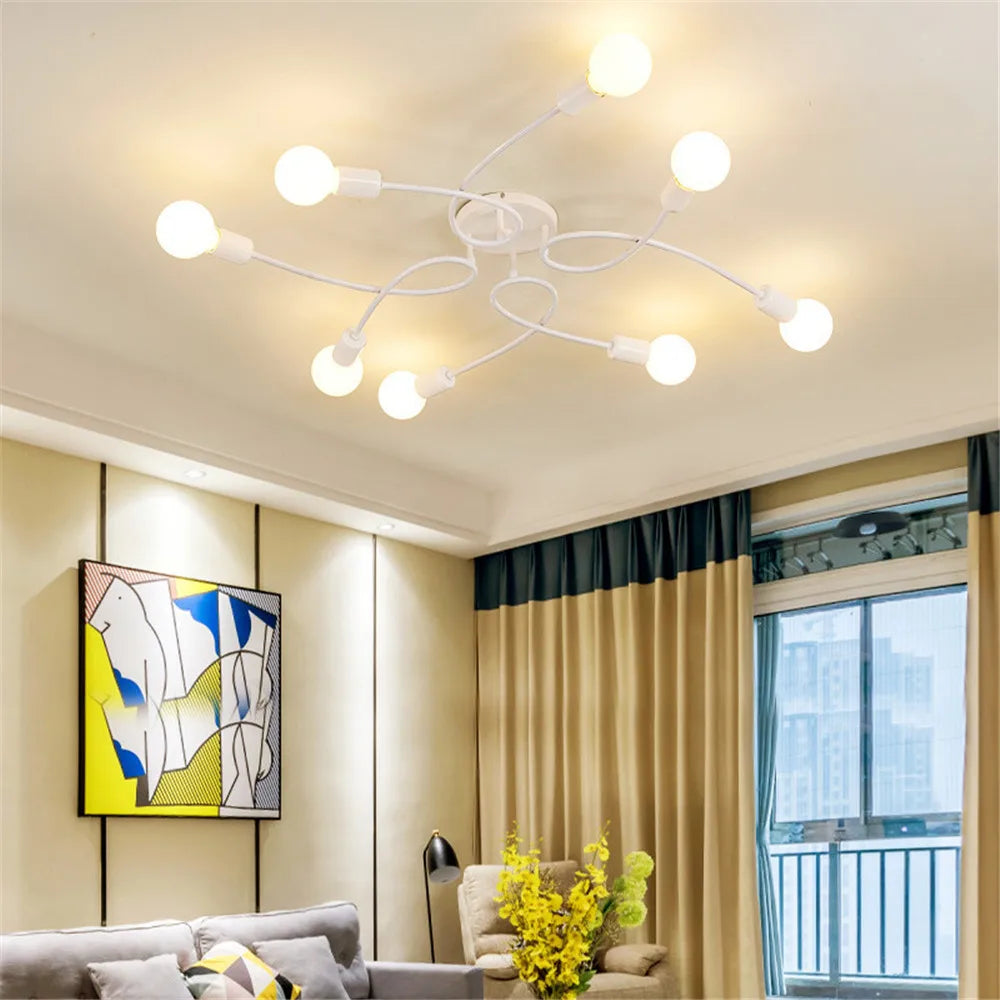 American Creative Ceiling Lights Wrought Iron LED E27 8 Sockets Chandeliers Black White Ceiling Lamp Living Room Home Lightings