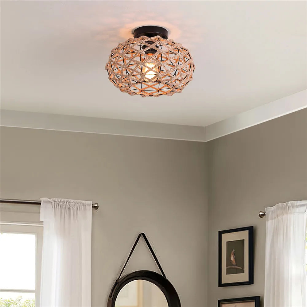 Rustic Woven Ceiling Light Fixture Industrial Hemp Rope Cage Ceiling Lamp for Hallway Bedroom Kitchen Entryway Farmhouse Black