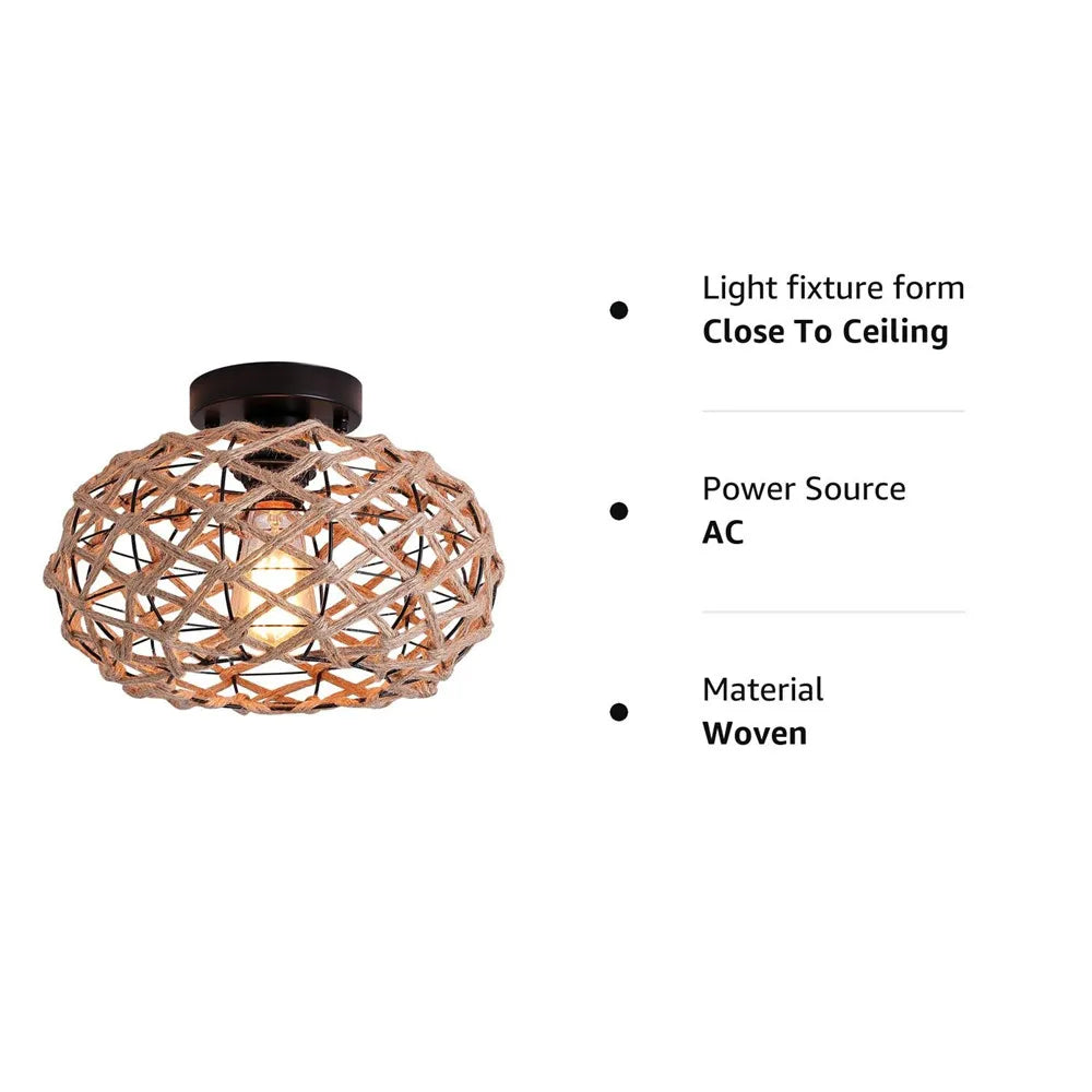 Rustic Woven Ceiling Light Fixture Industrial Hemp Rope Cage Ceiling Lamp for Hallway Bedroom Kitchen Entryway Farmhouse Black