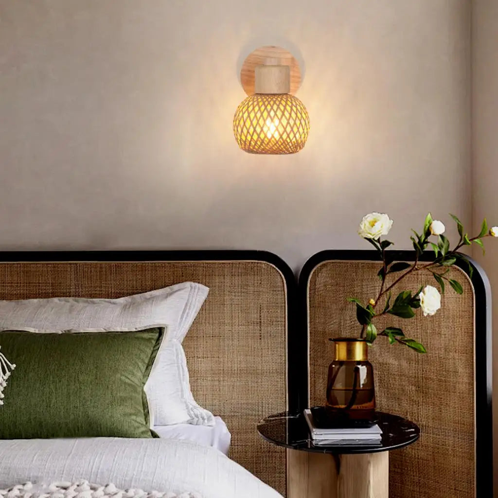 Rattan Bamboo Wall Lamp Sconce Fixture Vintage Boho Rustic Wall Light for Hallway Porch Bedroom Living Room Indoor Lighting E27