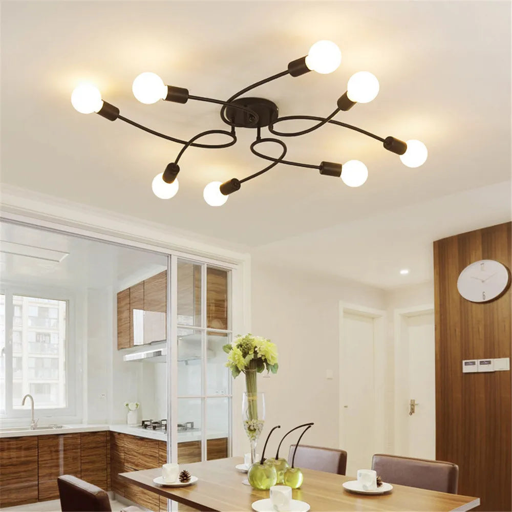 American Creative Ceiling Lights Wrought Iron LED E27 8 Sockets Chandeliers Black White Ceiling Lamp Living Room Home Lightings