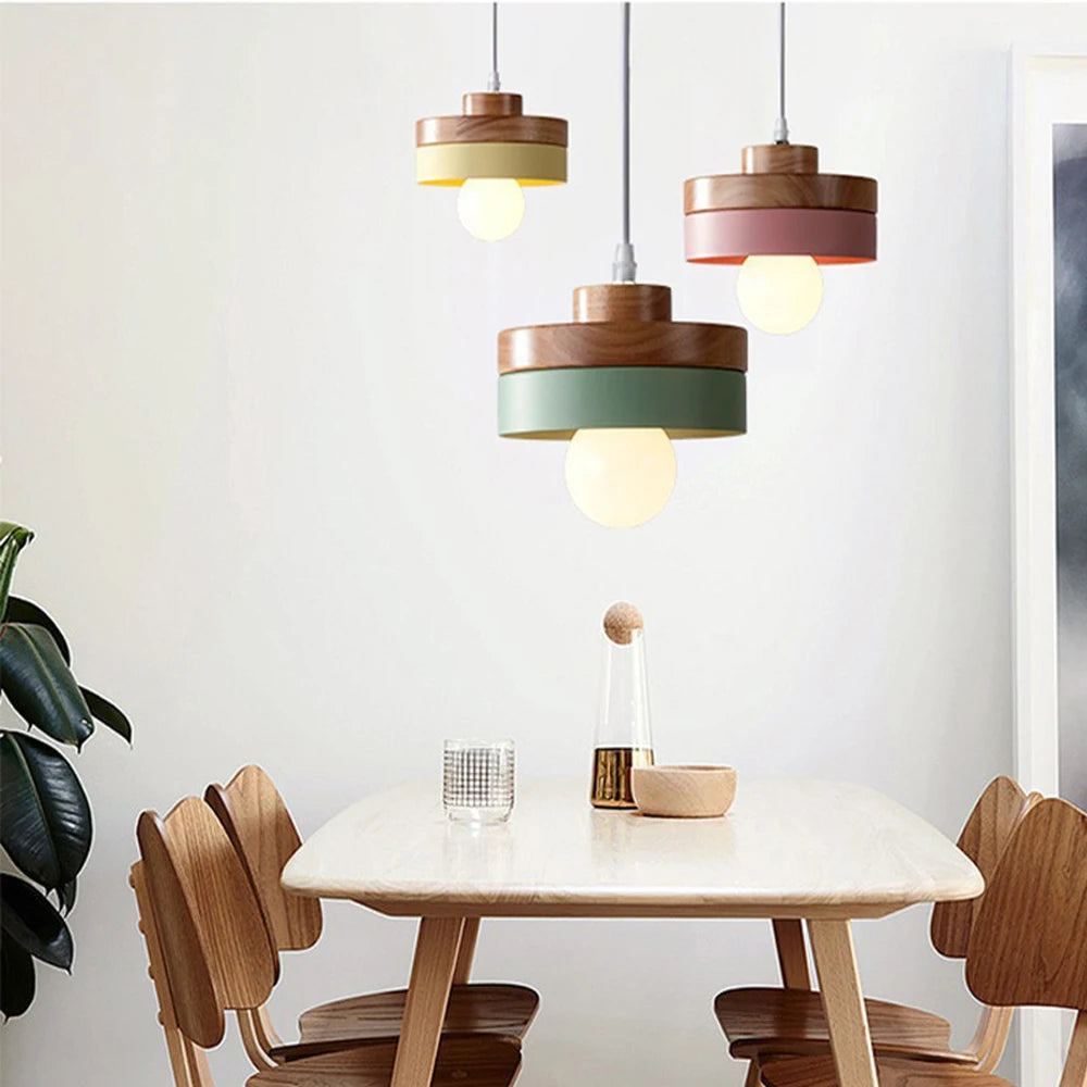 Modern Aluminum Wood Pendant Light Macaron Nordic Hanging Lamp Cafe Restaurant Bedroom Kitchen Colorful Chandelier Home Decor