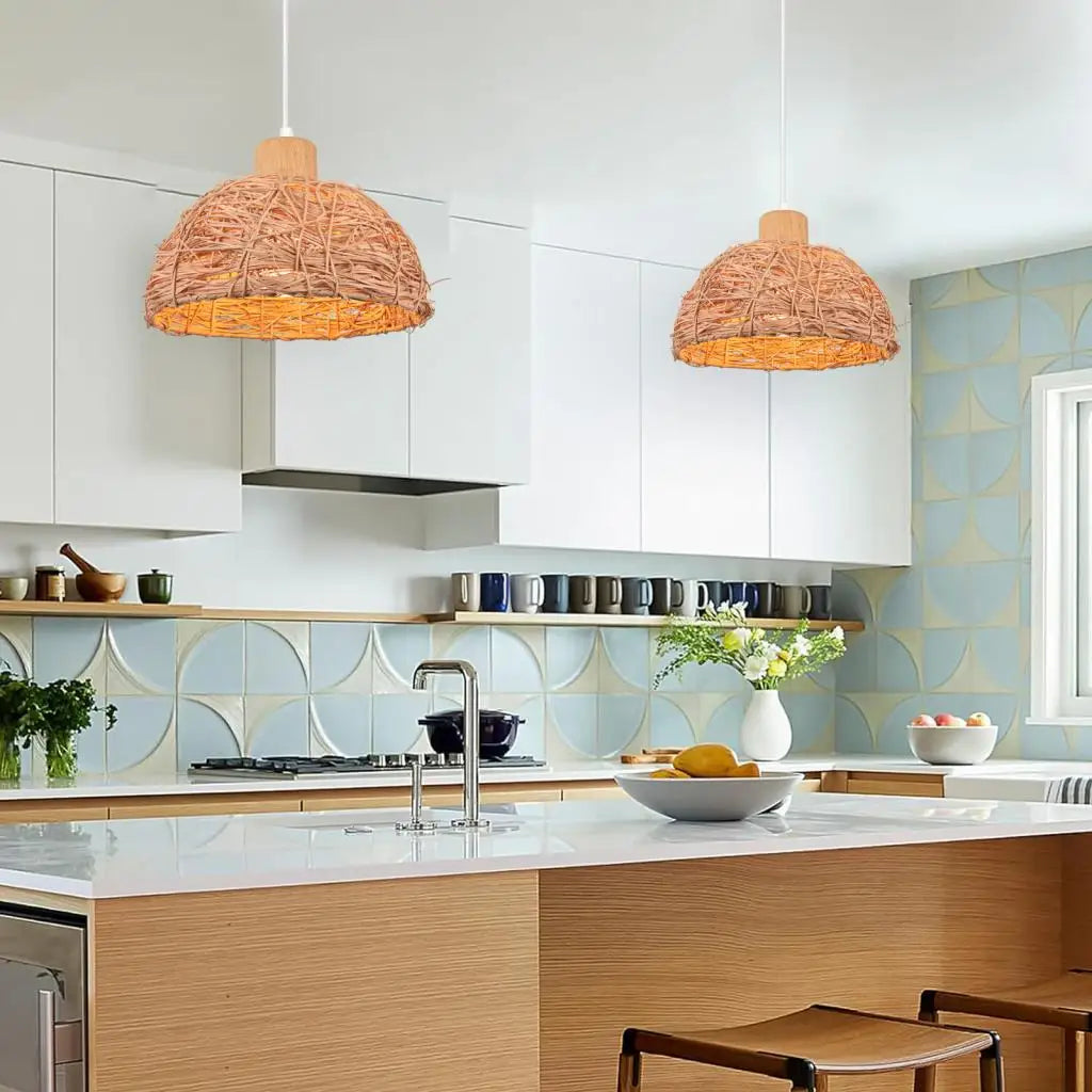 Vintage Wicker Rattan Pendant Light Shade Retro Weaving Hanging Lamp Ceiling Chandelier Lighting Living Room Kitchen Home Decor
