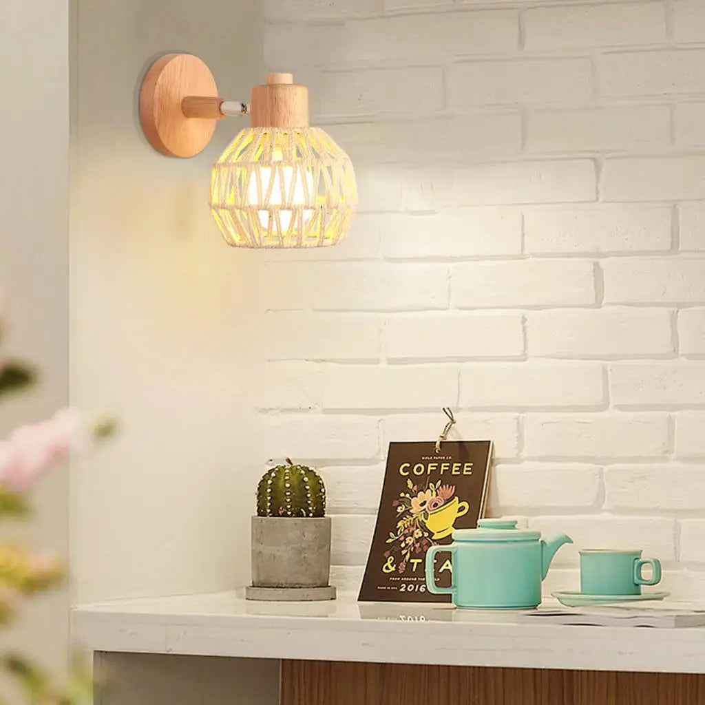 Retro Rattan Weaving Wall Lamp Bedroom Living Room Woven Wall Sconce Bedside Lamps E27 Retro Hemp Rope Lights Indoor Lighting