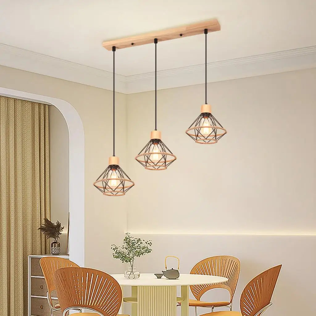 1/3 Heads Vintage Wood Pendant Light Chandelier Fixture Industrial Hanging Ceiling Lamp Living Room Kitchen Bedroom Home Decor
