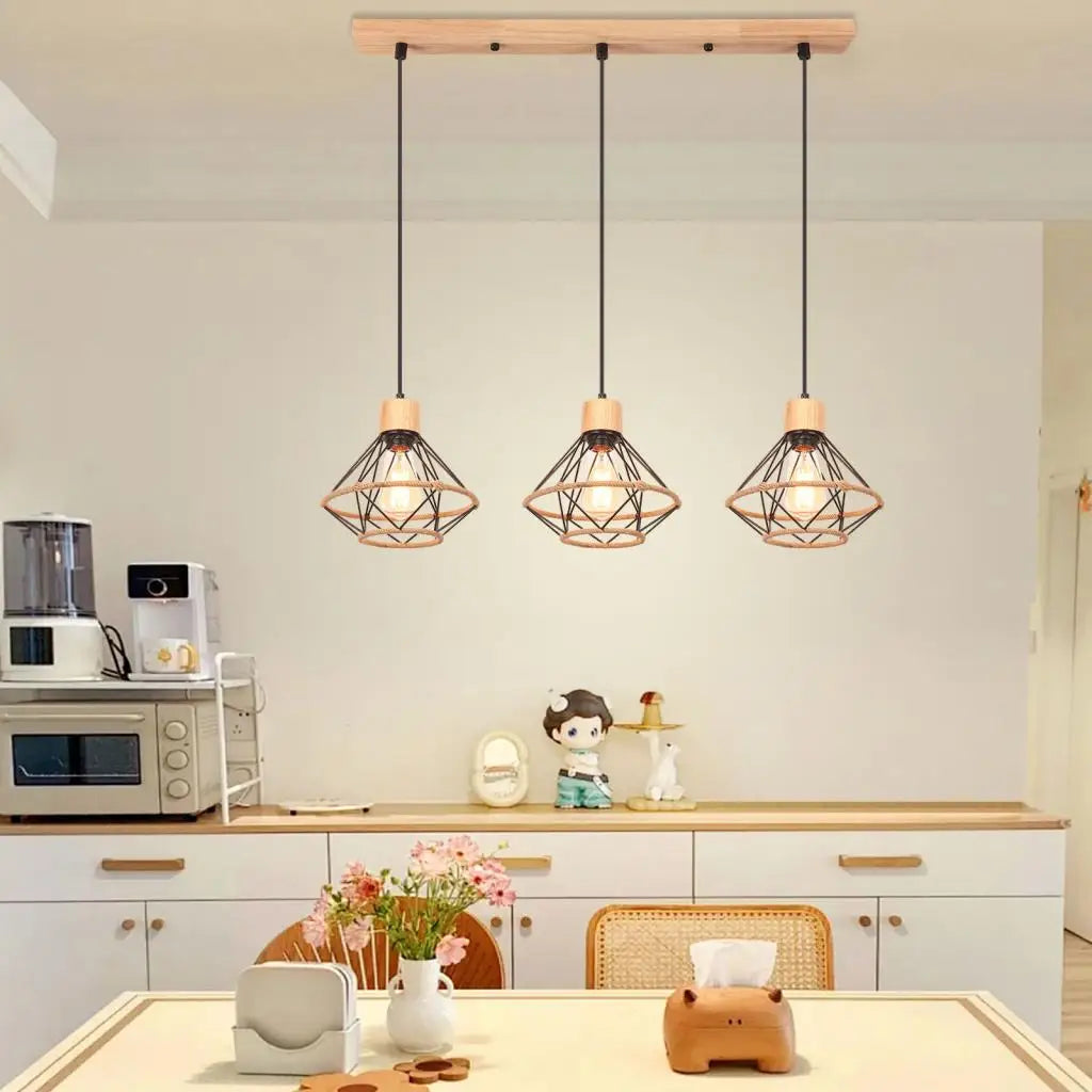 1/3 Heads Vintage Wood Pendant Light Chandelier Fixture Industrial Hanging Ceiling Lamp Living Room Kitchen Bedroom Home Decor