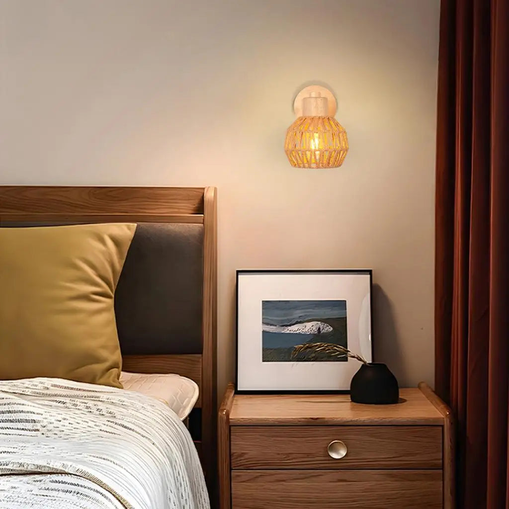 Retro Rattan Weaving Wall Lamp Bedroom Living Room Woven Wall Sconce Bedside Lamps E27 Retro Hemp Rope Lights Indoor Lighting