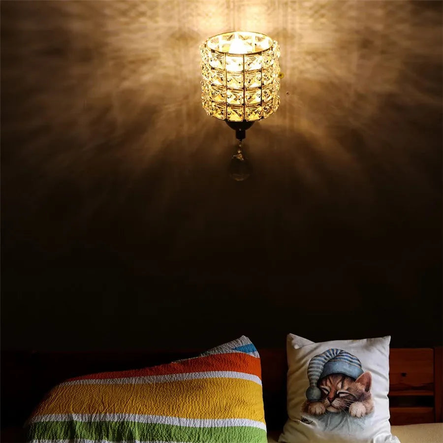 Cylindrical Crystal Wall Lamp LED e27 Corridor Porch Bedroom Living Room Wall Lighting Fixture with Pull Switch 110V 220V
