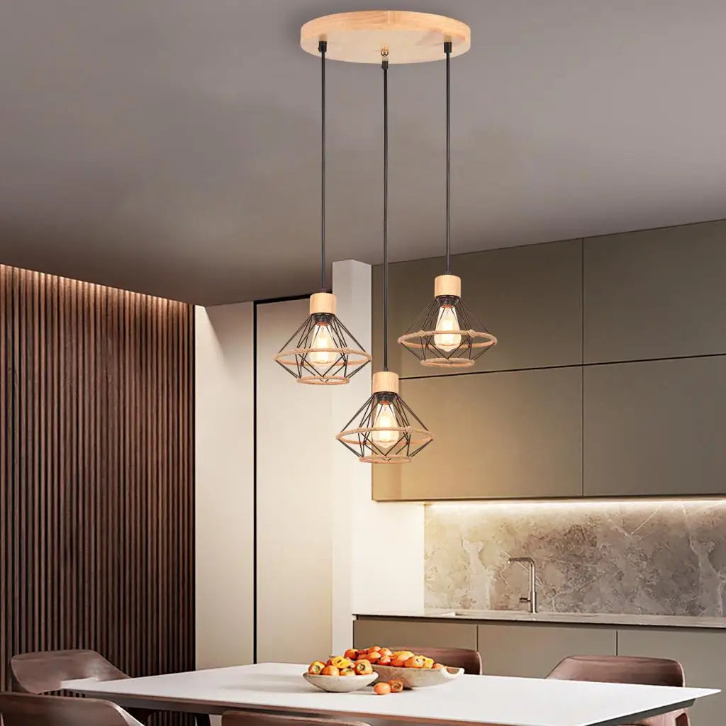 1/3 Heads Vintage Wood Pendant Light Chandelier Fixture Industrial Hanging Ceiling Lamp Living Room Kitchen Bedroom Home Decor