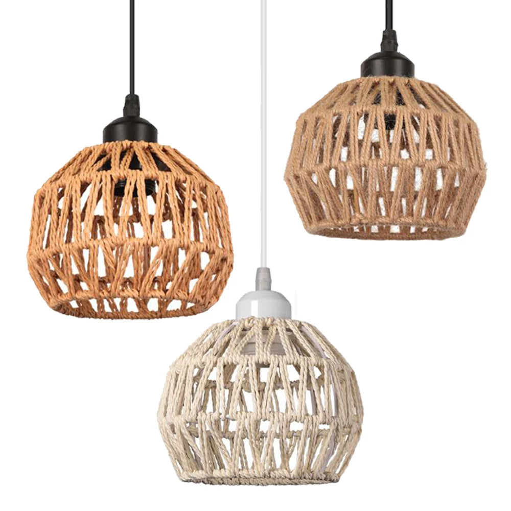 Hemp Rope Woven Pendant Lights Rattan Hanging Lamp Shade Boho Chandelier Light Fixture for Kitchen Island Hallway Bedroom Decor