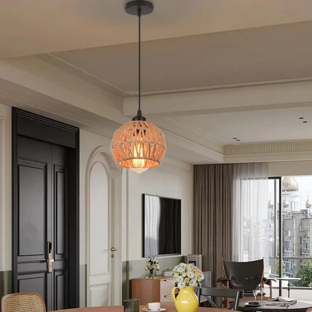 Hemp Rope Woven Pendant Lights Rattan Hanging Lamp Shade Boho Chandelier Light Fixture for Kitchen Island Hallway Bedroom Decor
