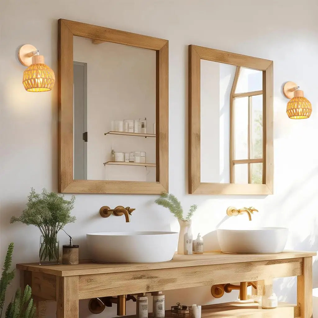 Retro Rattan Weaving Wall Lamp Bedroom Living Room Woven Wall Sconce Bedside Lamps E27 Retro Hemp Rope Lights Indoor Lighting