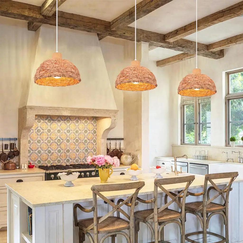 Vintage Wicker Rattan Pendant Light Shade Retro Weaving Hanging Lamp Ceiling Chandelier Lighting Living Room Kitchen Home Decor
