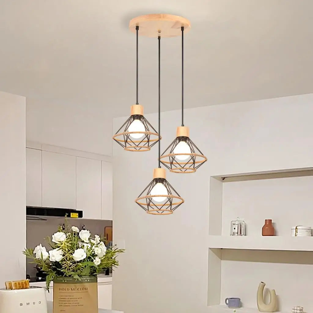 1/3 Heads Vintage Wood Pendant Light Chandelier Fixture Industrial Hanging Ceiling Lamp Living Room Kitchen Bedroom Home Decor