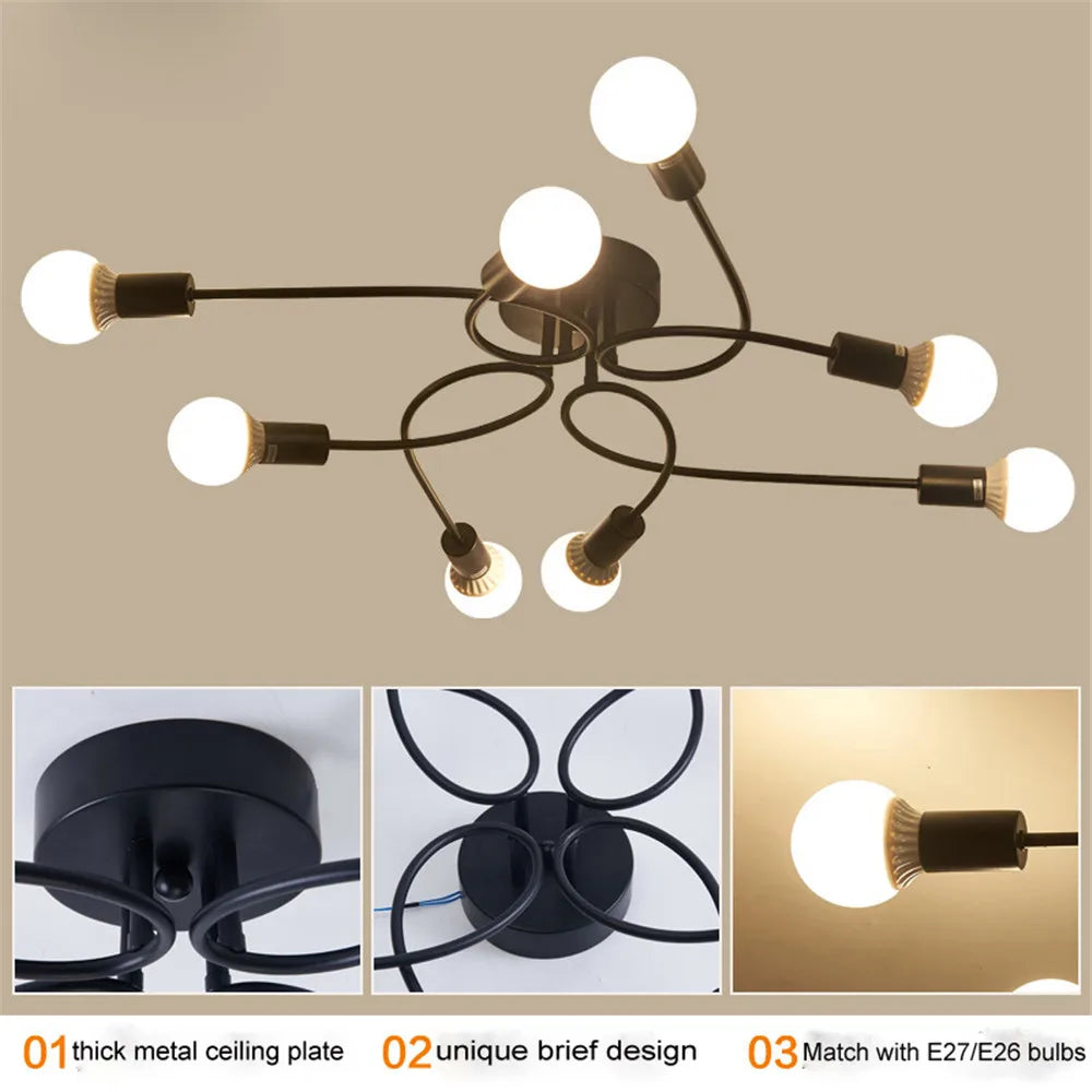 American Creative Ceiling Lights Wrought Iron LED E27 8 Sockets Chandeliers Black White Ceiling Lamp Living Room Home Lightings