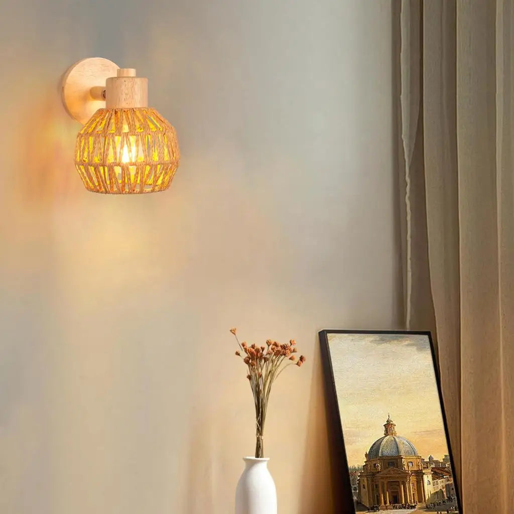 Retro Rattan Weaving Wall Lamp Bedroom Living Room Woven Wall Sconce Bedside Lamps E27 Retro Hemp Rope Lights Indoor Lighting