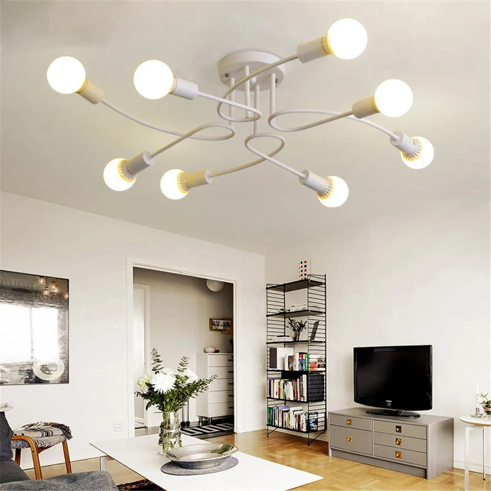 American Creative Ceiling Lights Wrought Iron LED E27 8 Sockets Chandeliers Black White Ceiling Lamp Living Room Home Lightings