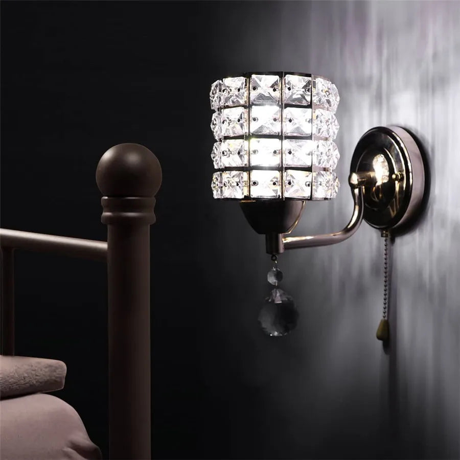 Cylindrical Crystal Wall Lamp LED e27 Corridor Porch Bedroom Living Room Wall Lighting Fixture with Pull Switch 110V 220V