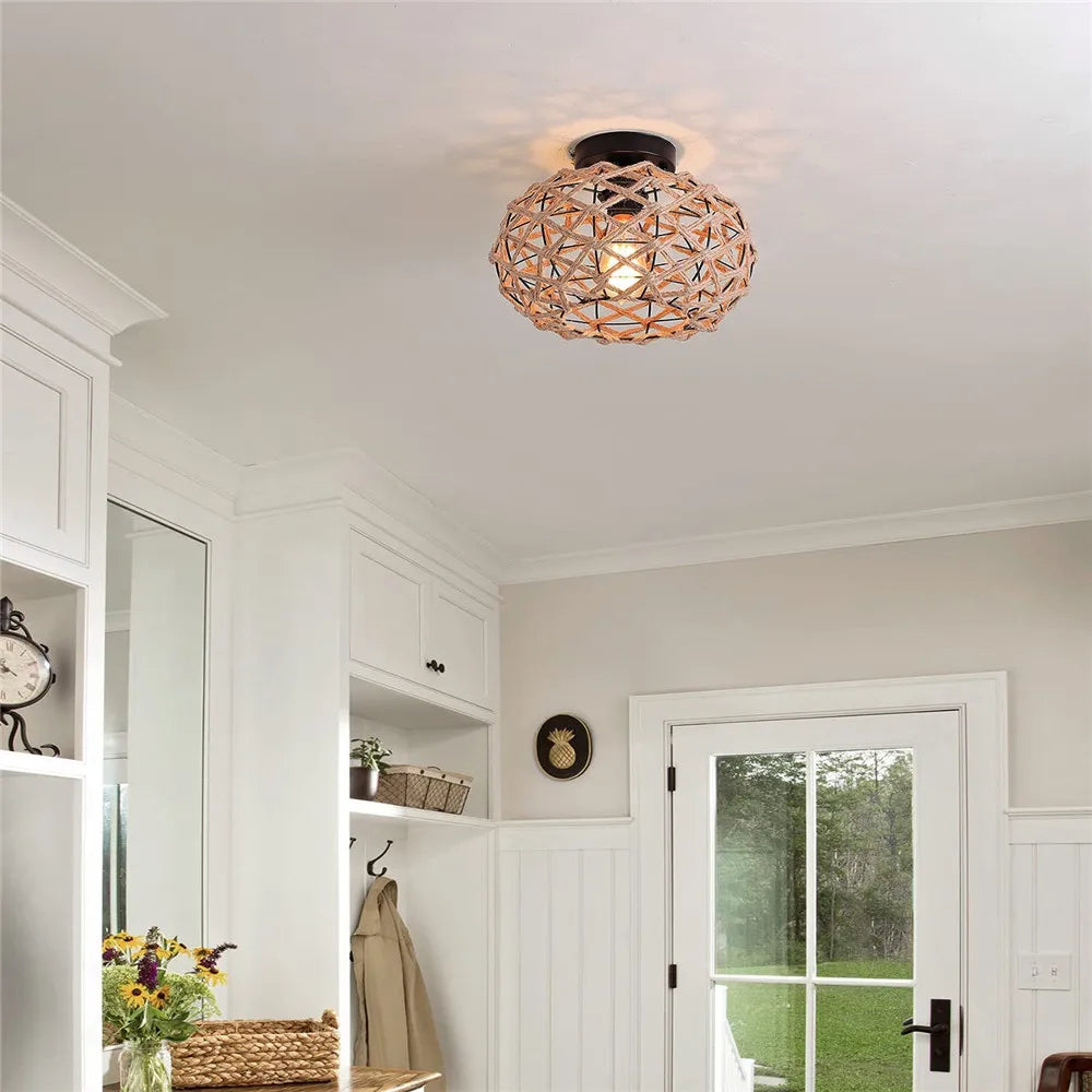 Rustic Woven Ceiling Light Fixture Industrial Hemp Rope Cage Ceiling Lamp for Hallway Bedroom Kitchen Entryway Farmhouse Black