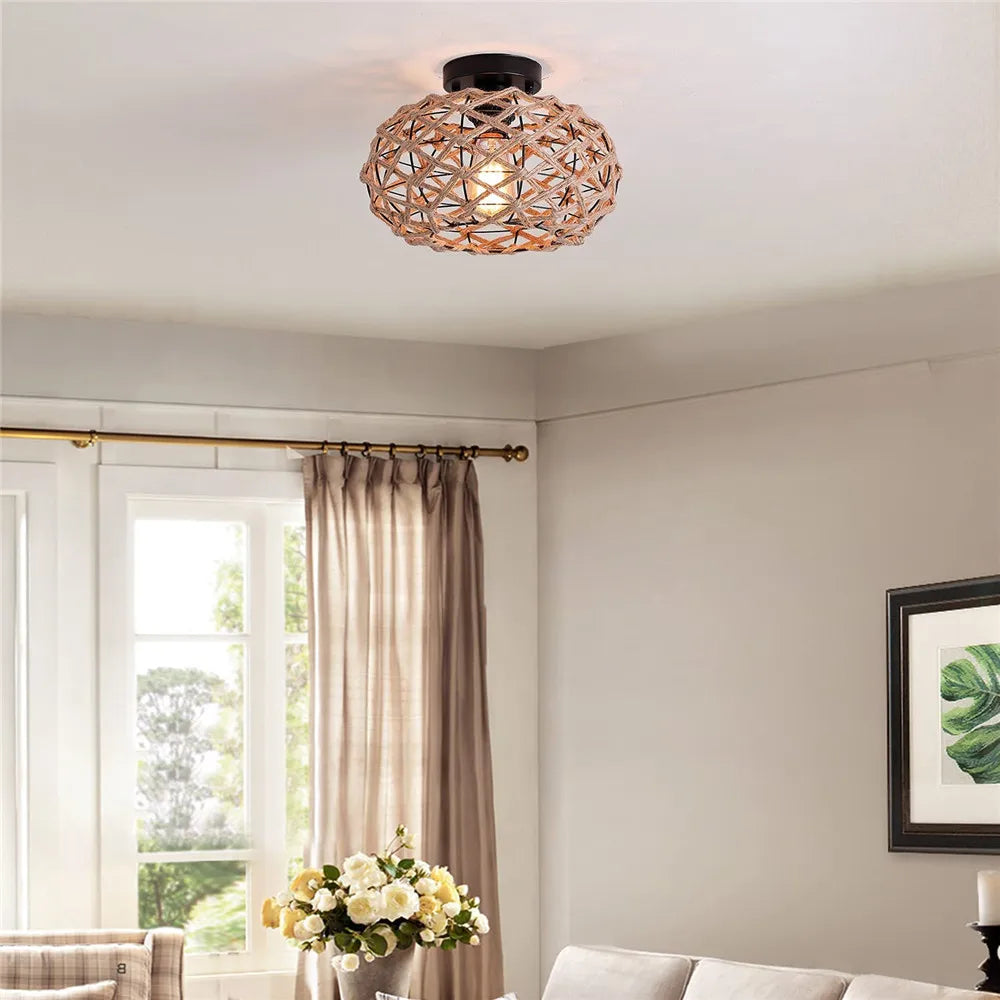 Rustic Woven Ceiling Light Fixture Industrial Hemp Rope Cage Ceiling Lamp for Hallway Bedroom Kitchen Entryway Farmhouse Black