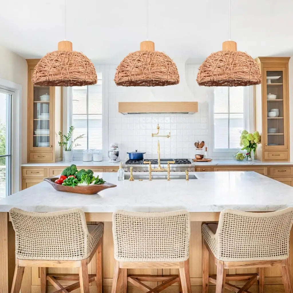Vintage Wicker Rattan Pendant Light Shade Retro Weaving Hanging Lamp Ceiling Chandelier Lighting Living Room Kitchen Home Decor