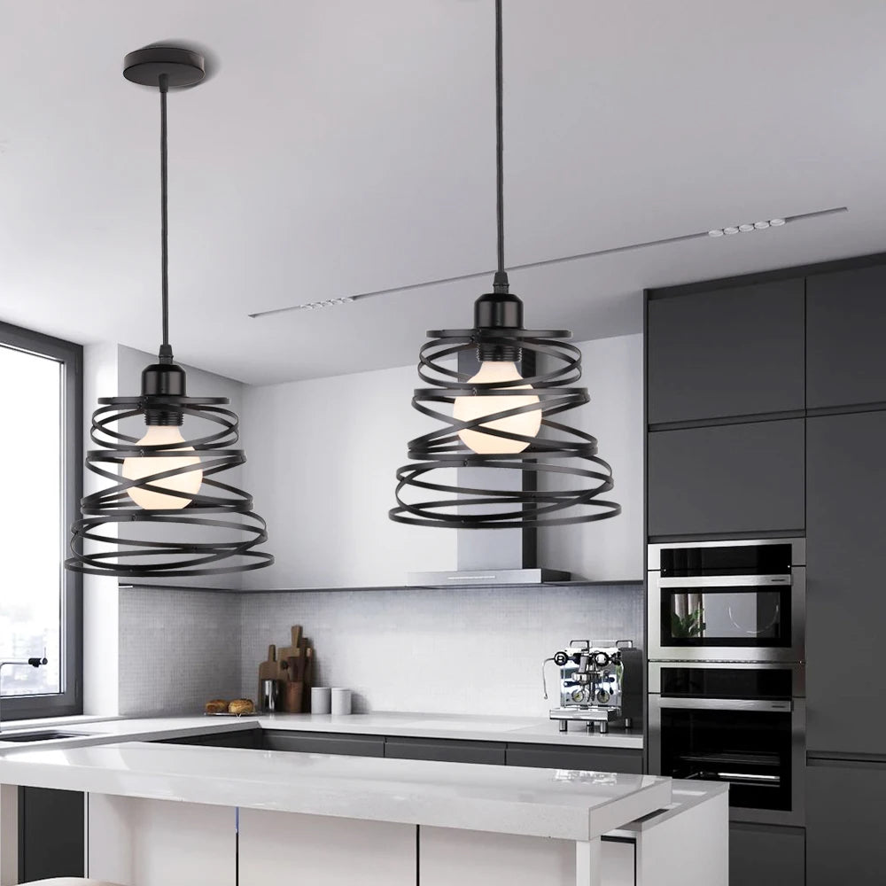 Retro Pendant Lamp Iron Spiral Frame Ceiling Light Restaurant Industrial Chandelier Indoor Wrought Metal Modern Lighting Fixture