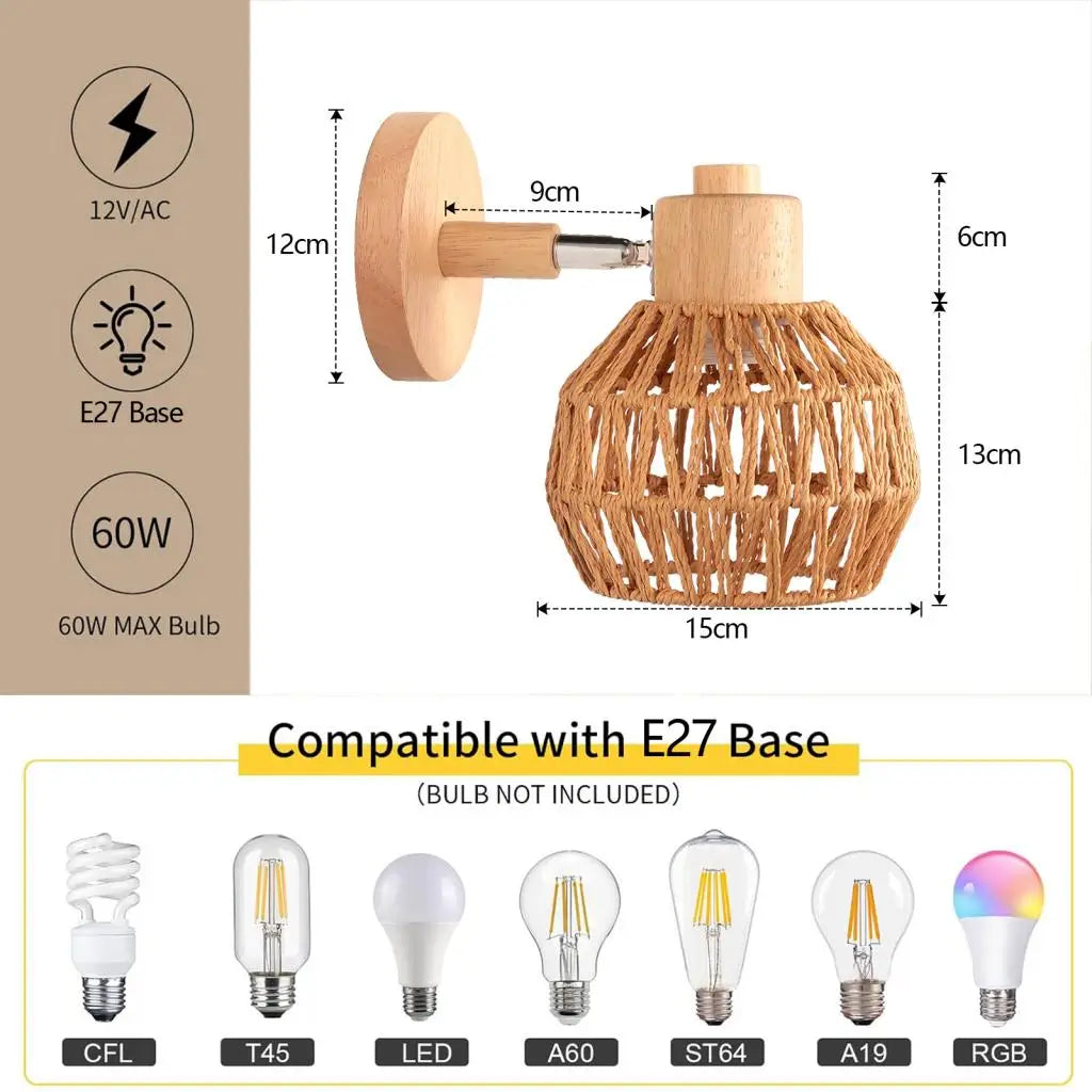 Retro Rattan Weaving Wall Lamp Bedroom Living Room Woven Wall Sconce Bedside Lamps E27 Retro Hemp Rope Lights Indoor Lighting