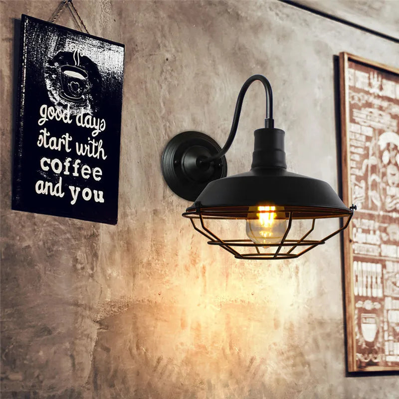 American Loft Sconce Gooseneck Wall Lights LED E27 Vintage Industrial Iron Cage Farmhouse Wall Lamp Home Bar Decor Lighting