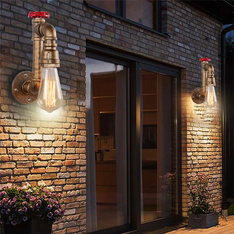 Vintage Water Pipe Wall Light Fixture Steampunk Industrial E27 Wall Lamp Iron Metal Sconce for Corridor Cafe Bar Decor
