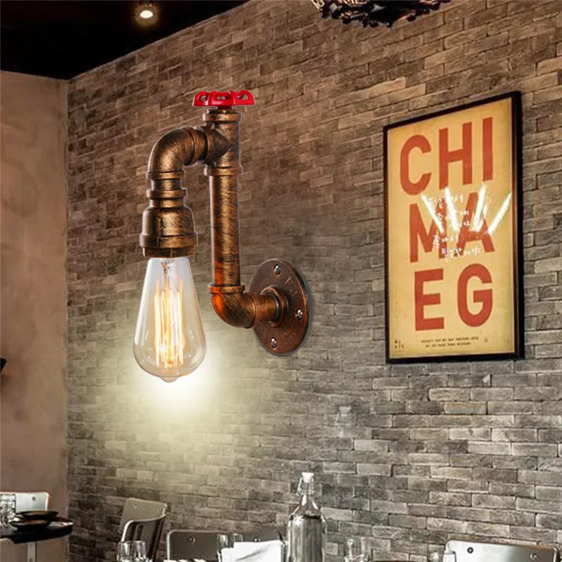 Vintage Water Pipe Wall Light Fixture Steampunk Industrial E27 Wall Lamp Iron Metal Sconce for Corridor Cafe Bar Decor